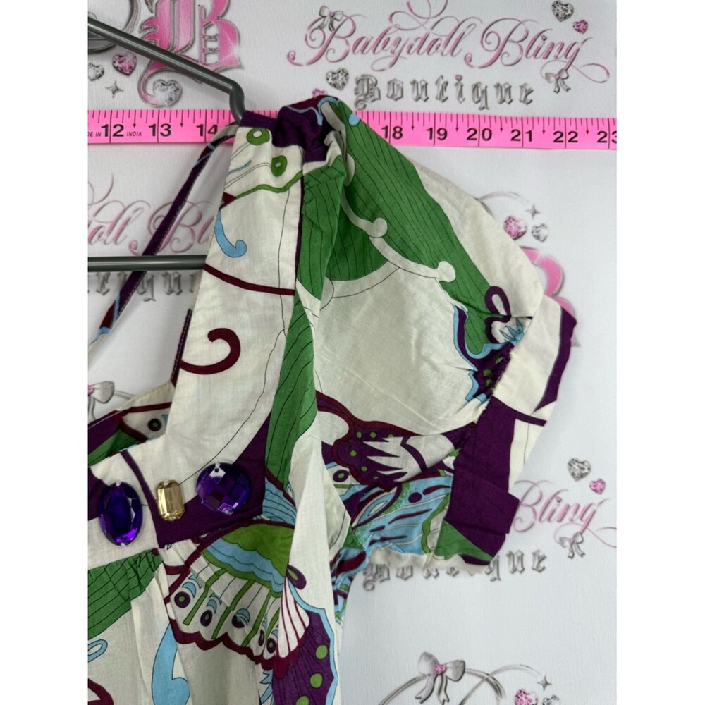 725 originals shirt, jewels Butterfly Print Puff Sleeve Top — Purple & Green - Picture 7 of 12